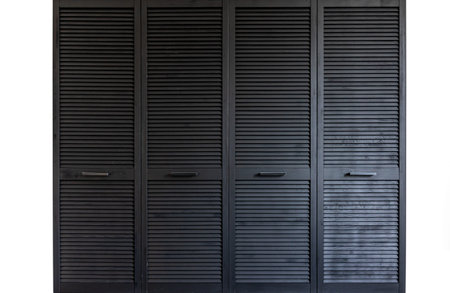 Black wooden wardrobe decorated with blinds, wardrobe with blinds decoration.