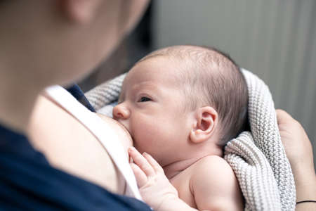 Mom breastfeeds her newborn son, breastfeeding, lactation in women, happy motherhood.の写真素材