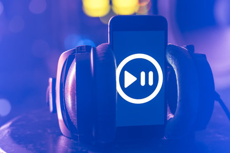 Music background with phone and with music icon, modern technology concept, listening to music.