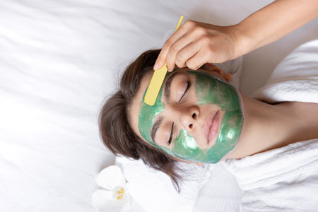 The process of applying a green cosmetic mask to the face of a young woman, spa procedure in the salon, beauty and skin care.の写真素材