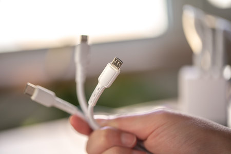 Three different connectors for charging a mobile phone on a blurred background.