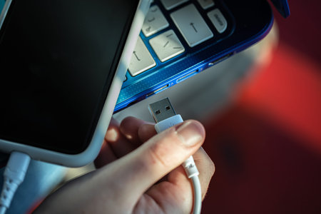 The smartphone is connected to the laptop via USB cable.