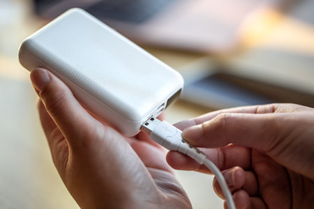 Womans hand holding white USB cable and white power bank.