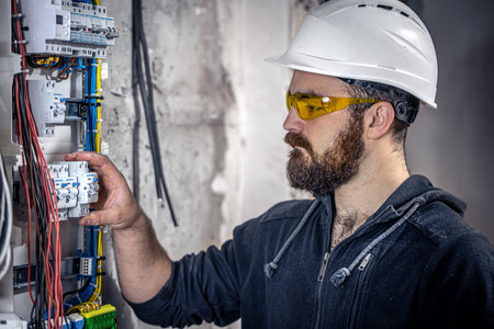 A male electrician works in a switchboard with an electrical connecting cable.