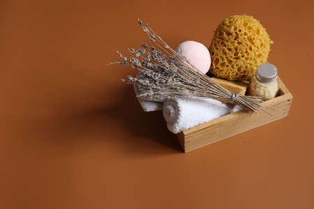 Spa composition with a set for personal body hygiene, copy space.の写真素材