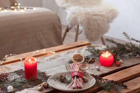 Table setting for a festive Christmas dinner.の写真素材