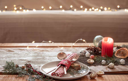 Idea for Christmas table setting, blurred background, copy space.の写真素材