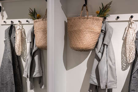 Place for outerwear in the hallway, home interior.の写真素材