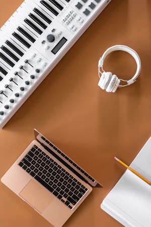 Musical flat lay background, music creation concept.の写真素材