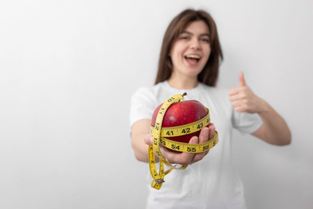 Fresh red apple with a measuring tape in female hands.