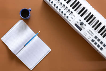 Musical flat lay background, music creation concept.の写真素材