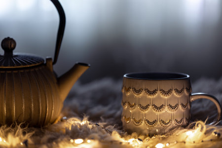 Teapot and cup on a blurred background in the dark with garlands.の写真素材