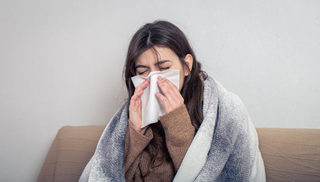A sick young woman at home on the sofa with a cold.