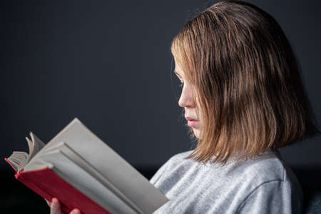 Serious little girl reading a book, blurred background.の写真素材