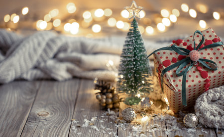 Christmas composition with a festive gift on a blurred background.の写真素材