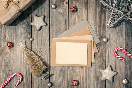 Christmas flat lay background on wooden surface, copy space.の写真素材