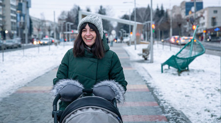 Stylish young mother for a walk with her baby in a baby carriage in winter.の写真素材