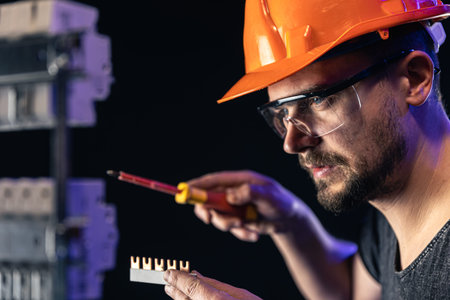 A male electrician works in a switchboard with an electrical connecting cable.