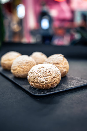 Appetizing Shu cakes on a blurred background.