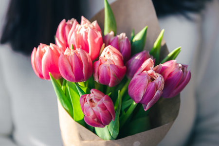 Close-up, a bouquet of pink tulips in female hands.の写真素材