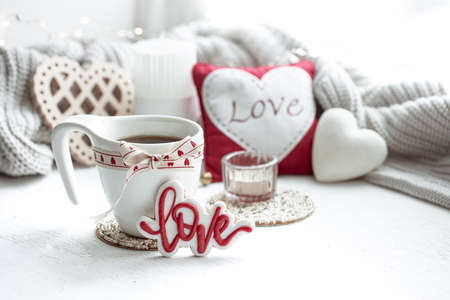 Festive composition with a cup and decor details for Valentines Day.の写真素材