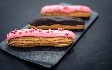 Chocolate and berry eclairs close-up on a black background.