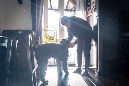 A young man at home with his black dog Giant Schnauzer.の写真素材
