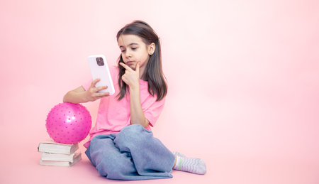Little girl with a smartphone in her hands on a pink background, copy space.の写真素材