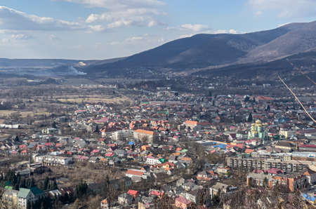 Ukrainian town near mountains, landscape in the sunny day.の写真素材