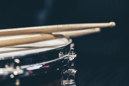 Close-up, snare drum on a dark background isolated, copy space.の写真素材