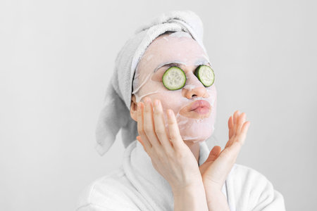 Young woman with sheet mask on her face, spa procedure.
