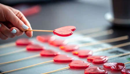 Close-up, the process of making heart-shaped lollipops.の写真素材