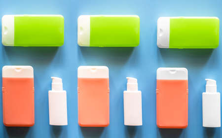 Flat lay spa composition with skin care products on blue background.の写真素材