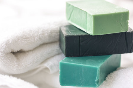 Spa composition with colorful handmade soap close-up.の写真素材