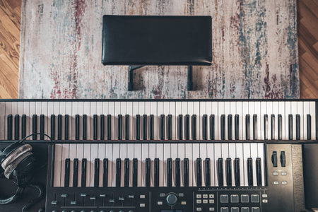 Piano keys, top view, musicians workplace, concert.