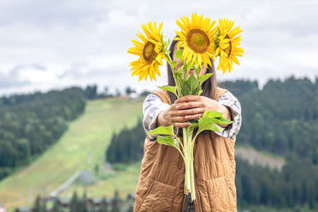 Woman with a bouquet of sunflowers in nature in a mountainous area.の写真素材