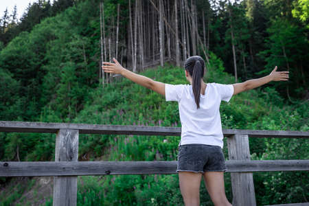 A young woman in the forest in the mountains, view from the back.の写真素材