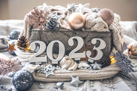 Christmas cozy background with numbers 2023 and decor details.の写真素材