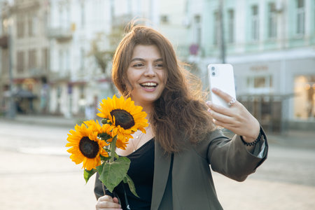 A young woman with a bouquet of sunflowers takes a selfie in the city.