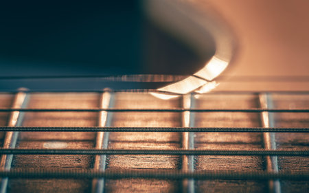 Strings on a classical acoustic guitar, macro shot.の写真素材