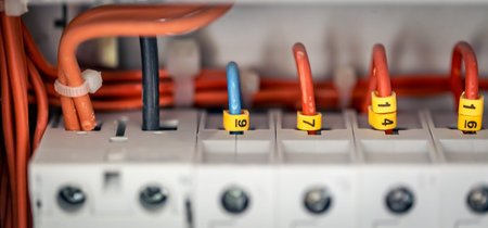 Electrical panel with fuses and contactors, close-up.