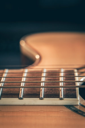 Strings on a classical acoustic guitar, macro shot.の写真素材