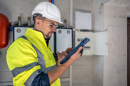 Man, an electrical technician working in a switchboard with fuses, uses a tablet.