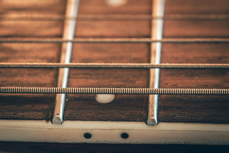 Acoustic guitar neck, macro shot, guitar detail.の写真素材