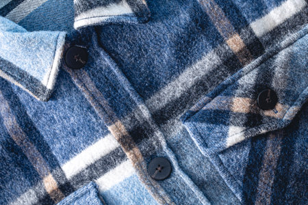 Close-up, autumn warm textural blue plaid shirt.の写真素材