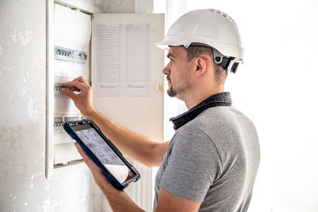 Man, an electrical technician working in a switchboard with fuses, uses a tablet.