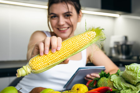 A young woman in the kitchen with a notepad and corn in her hand.