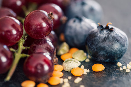Natural background with different wild berries, macro shot.の写真素材