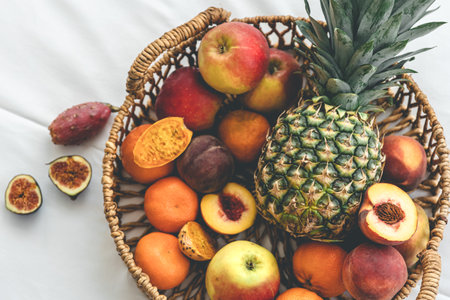 Pineapple and other exotic fruits in a basket on a white background, top view.の写真素材