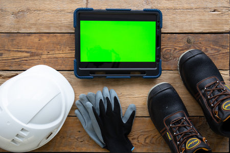 Builder uniform and digital tablet on wooden background, flat lay.の写真素材